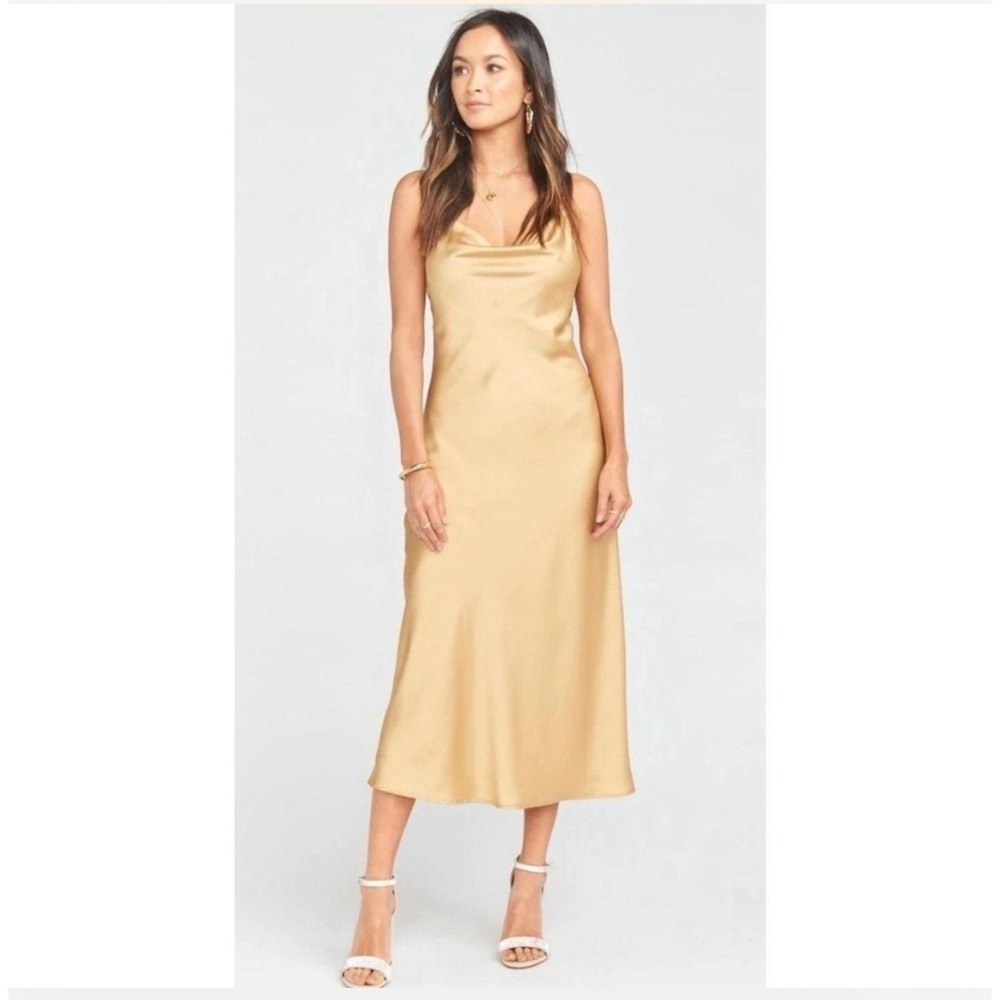 Show Me Your Mumu Rome Midi Dress Women's Cowl Neck Satin Gold Size M $198